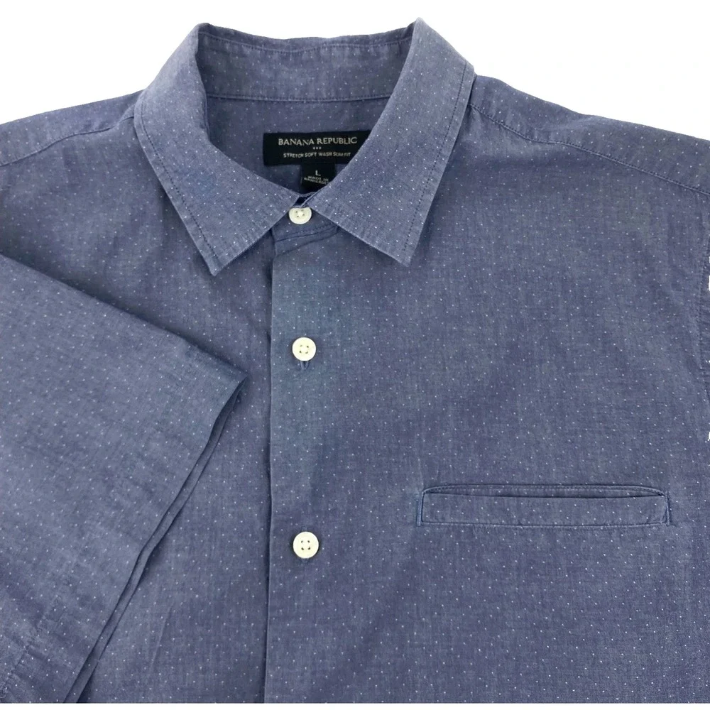 Banana Republic Short Sleeve Shirt Mens L Slim Stretch Chambray LKNU Button Down